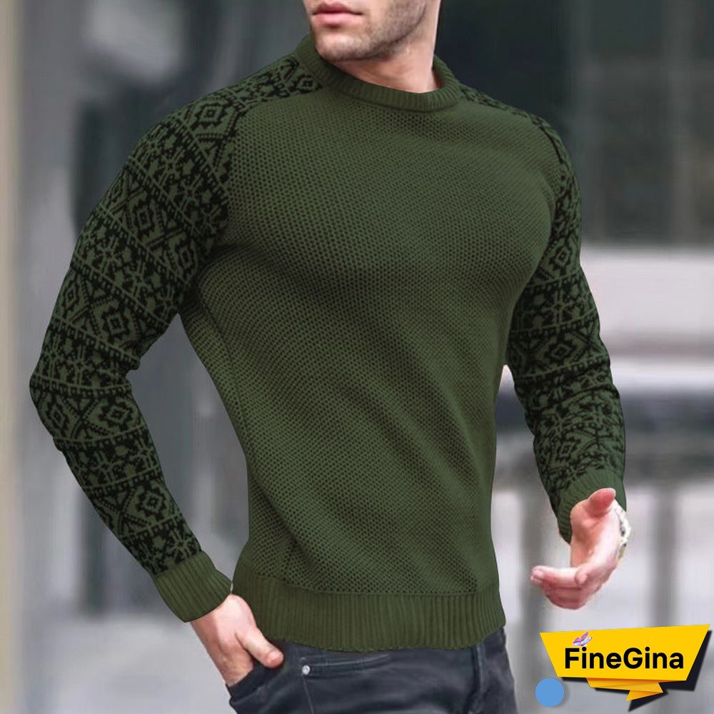 Army Green Men's Early Autumn Sweater Pullover Colorblock Knitwear T-Shirt