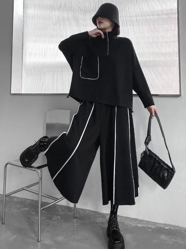 Vintage Loose Wide Leg Contrast Color Striped Elasticity Split-Joint ...