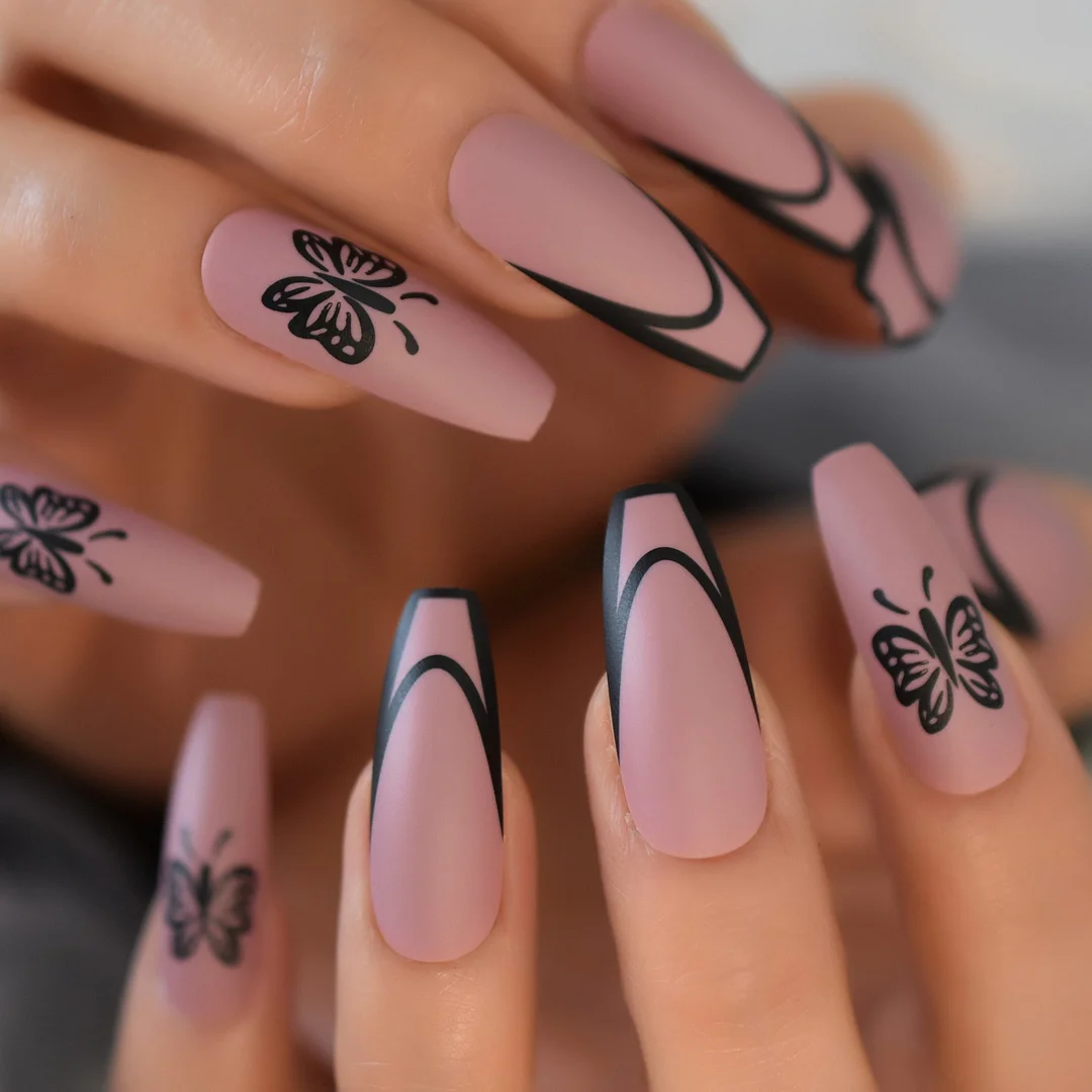 Long Ballerina Pre-designed Fake Nails Matte Butterfly Press On Nails Decal Coffin Shape Purple False Nail-Nail Inspo