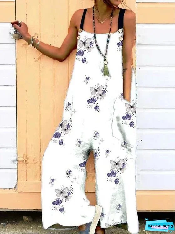 Women's Jumpsuits Loose Print Pocket Sleeveless Jumpsuit