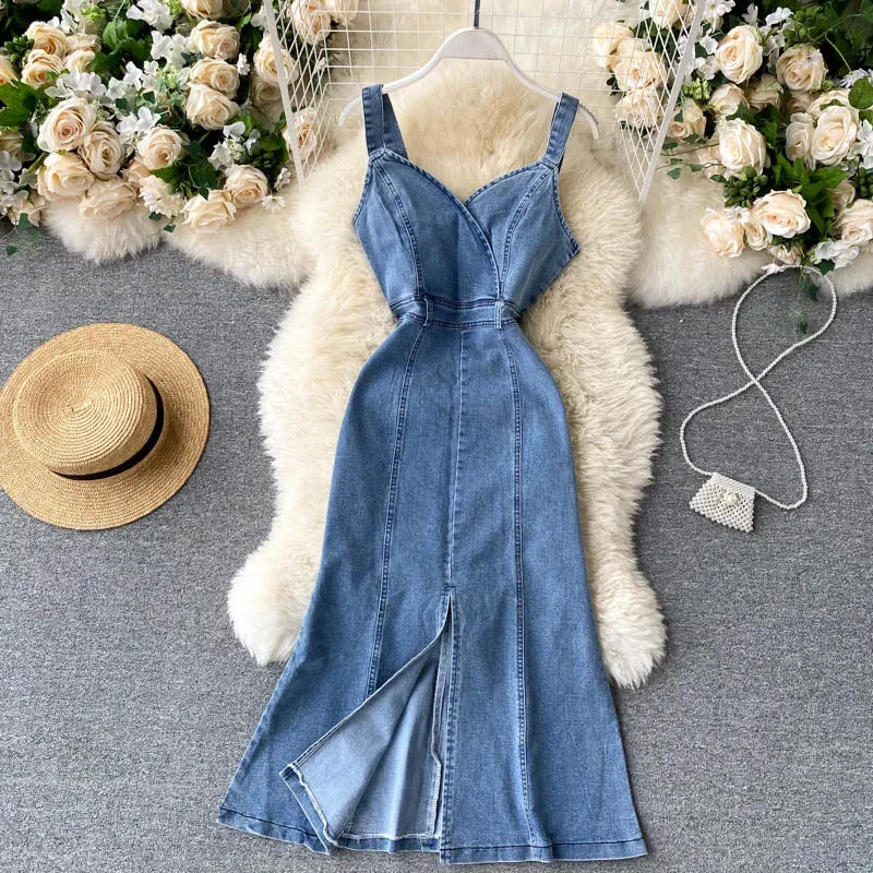 Tlbang Women Denim Dresses Sleeveless V-Neck Strap Jean Slim Fit Slit Long Dress Elegant Female Party Frock