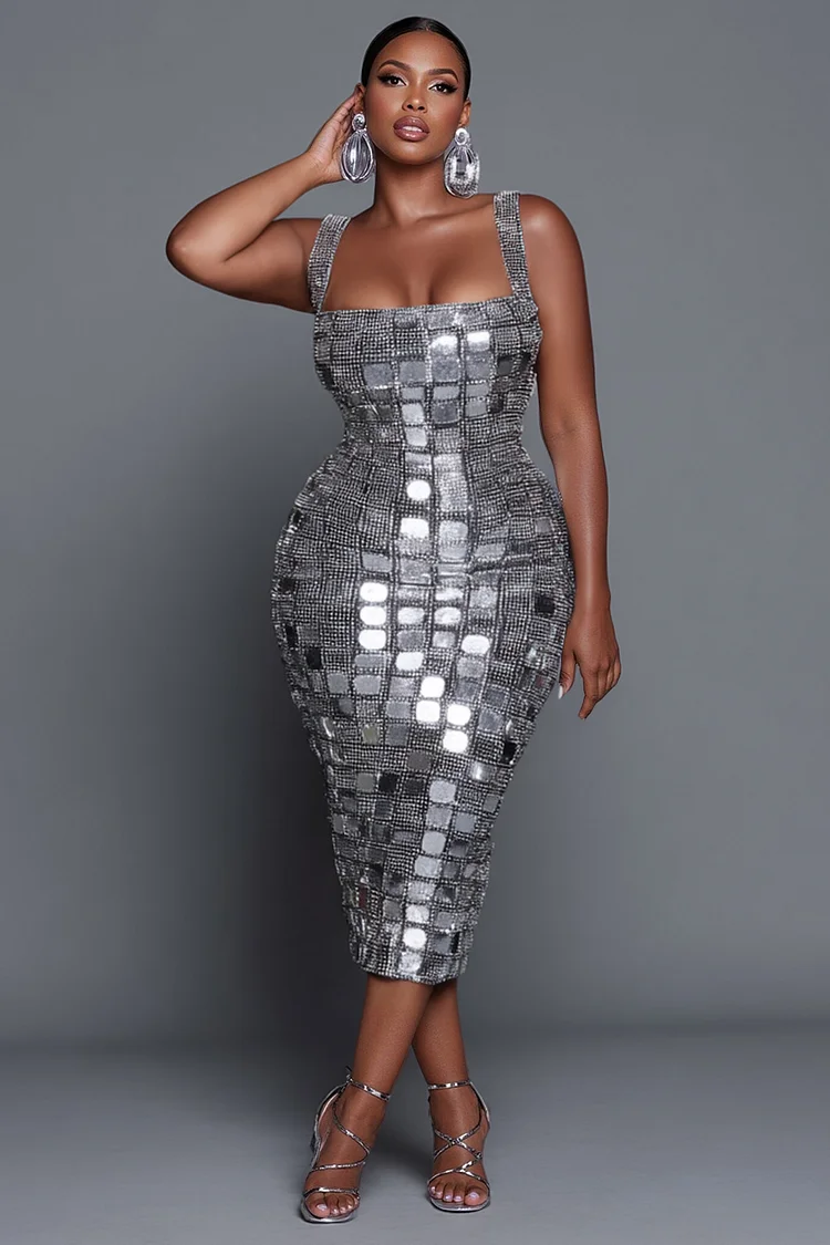 Xpluswear Design Plus Size Party Silver Square Neck Bodycon Sequin Midi Dresses [Pre-Order] 2024 - Xpluswear