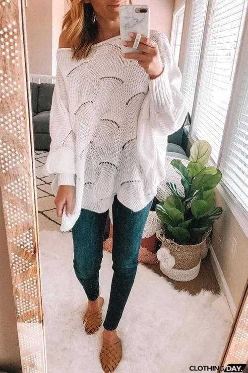 Hollow Ruffles Hem Bat Sweater