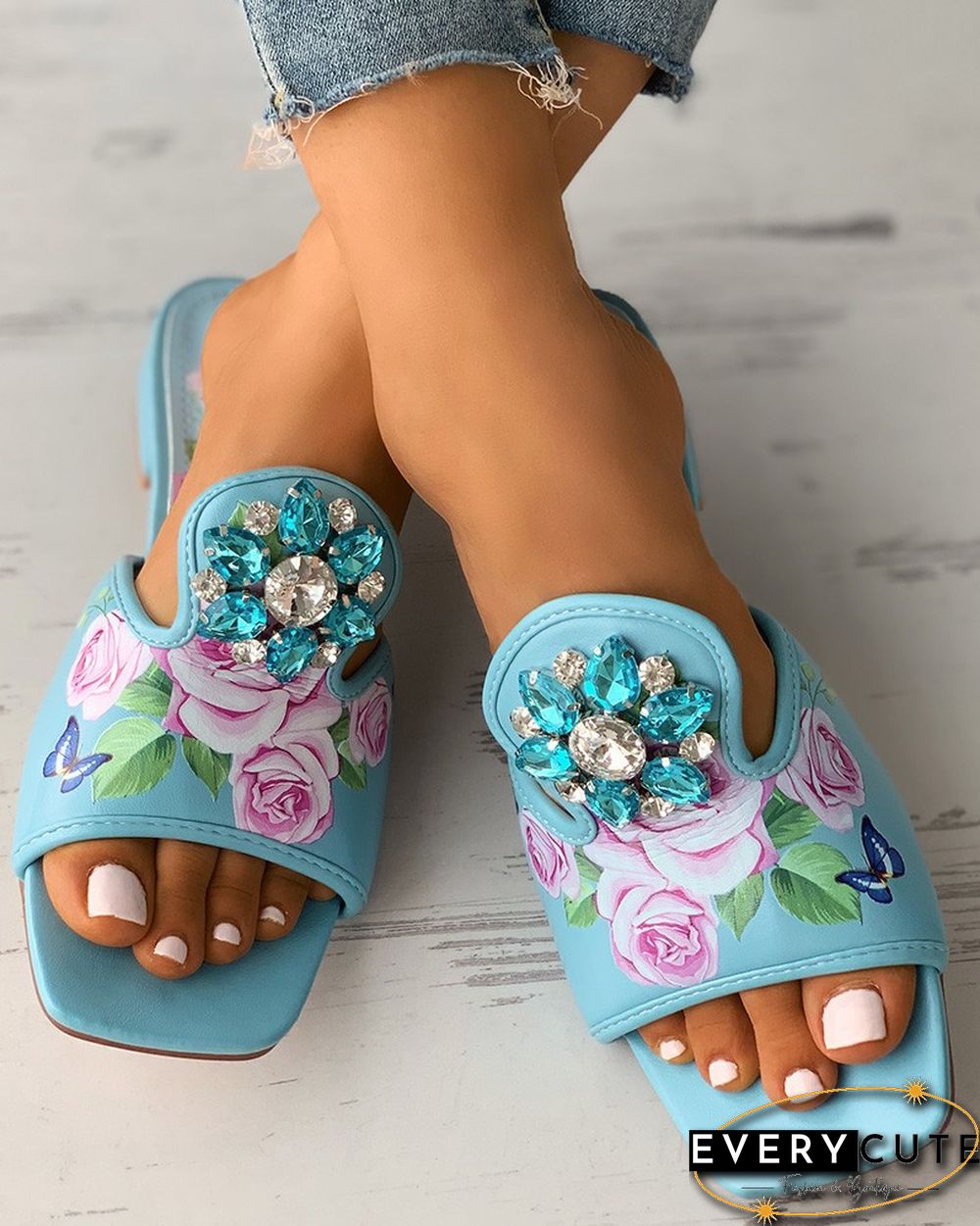 Floral Print Rhinestone Decor Chunky Heels
