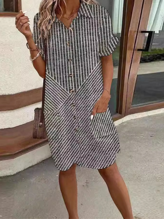 Mature Women Summer Striped Fashion Positioning Shirt Dress