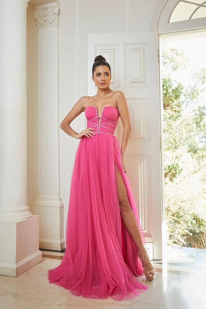Chic Tulle Strapless Sleeveless Split Long Prom Dress With Sequins XJ0272