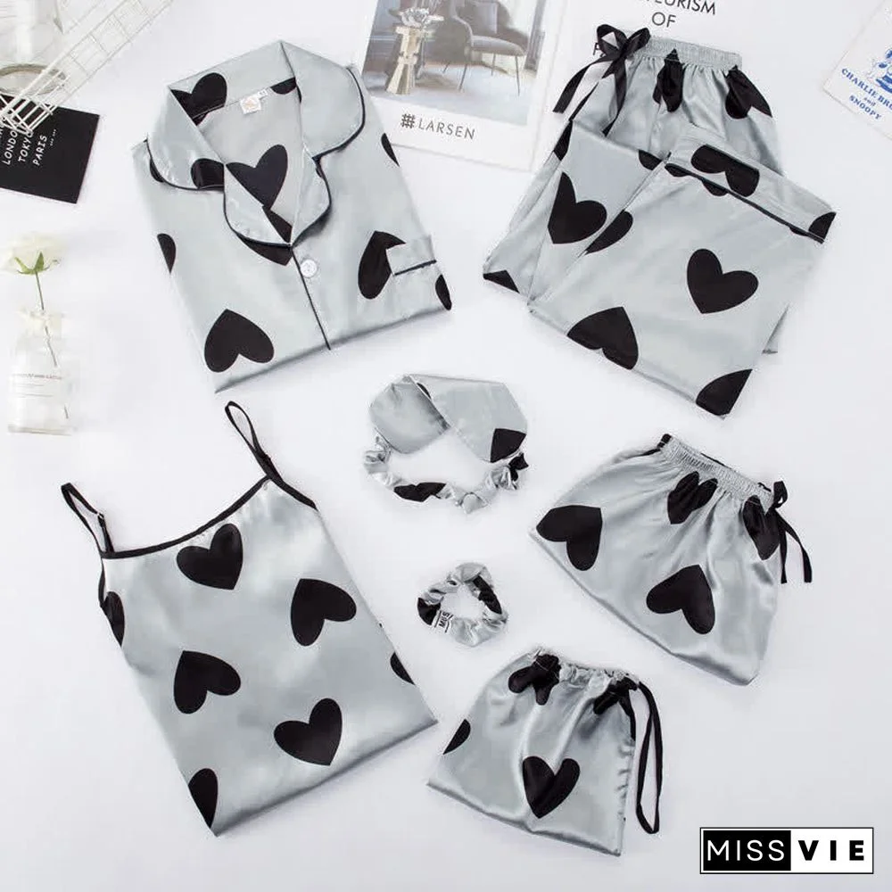 Love Heart Bow Knot Print Silk Pajamas Seven Pieces Set