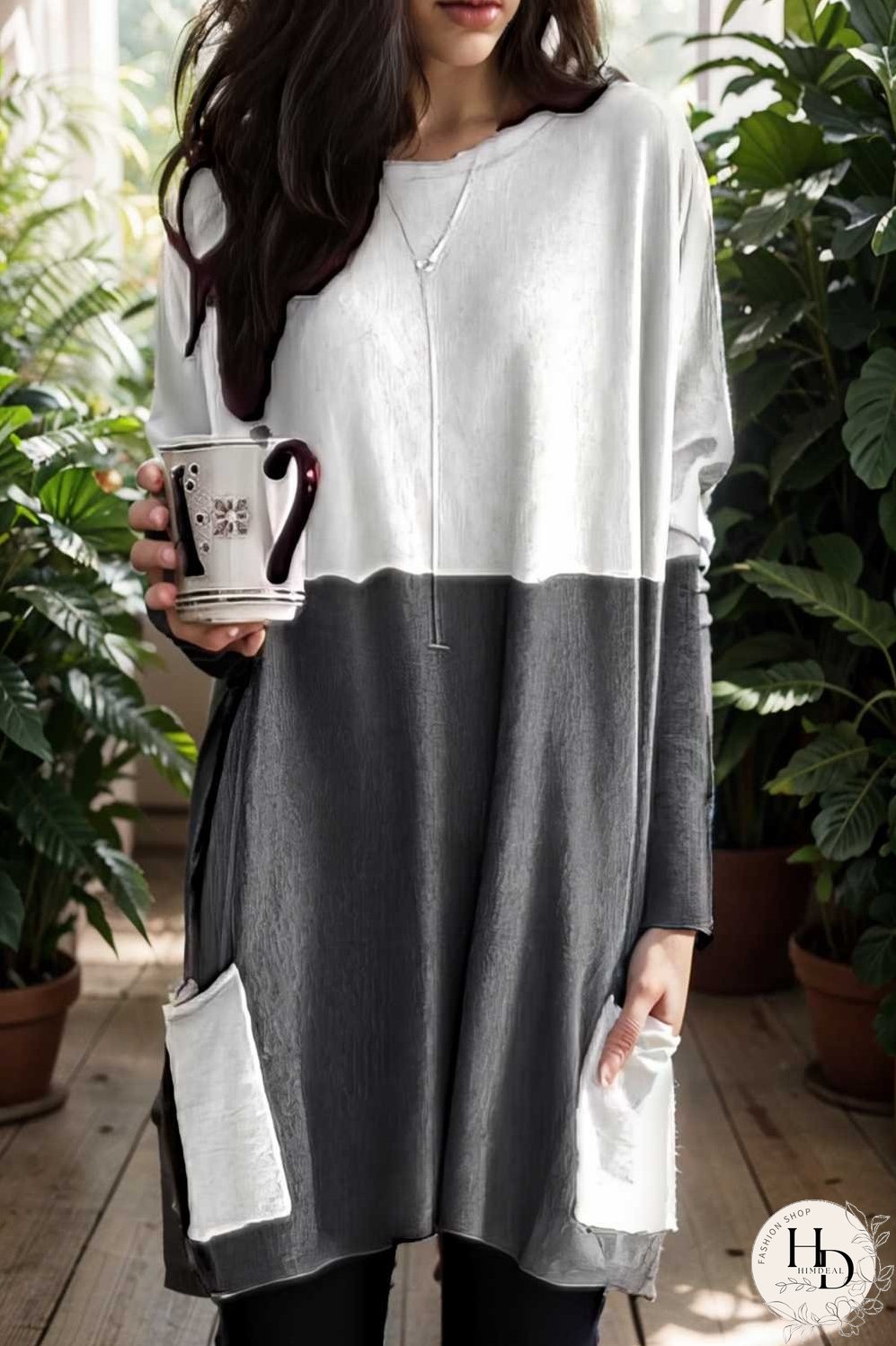 two color stitching pocket loose long sleeve t shirt