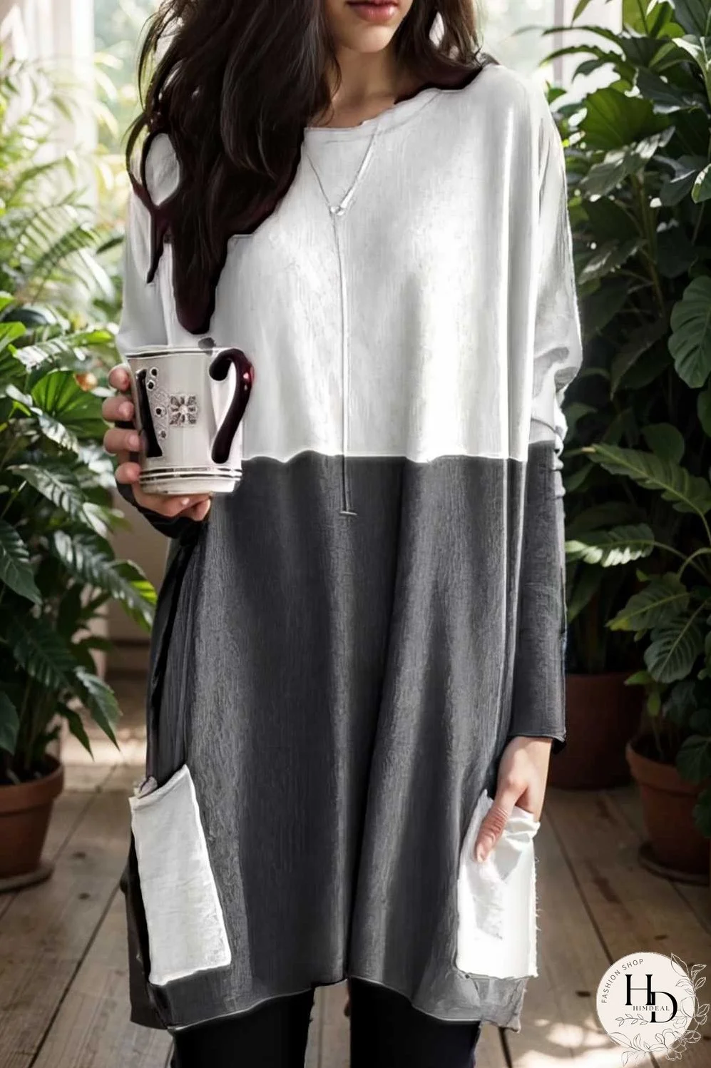 two color stitching pocket loose long sleeve t shirt