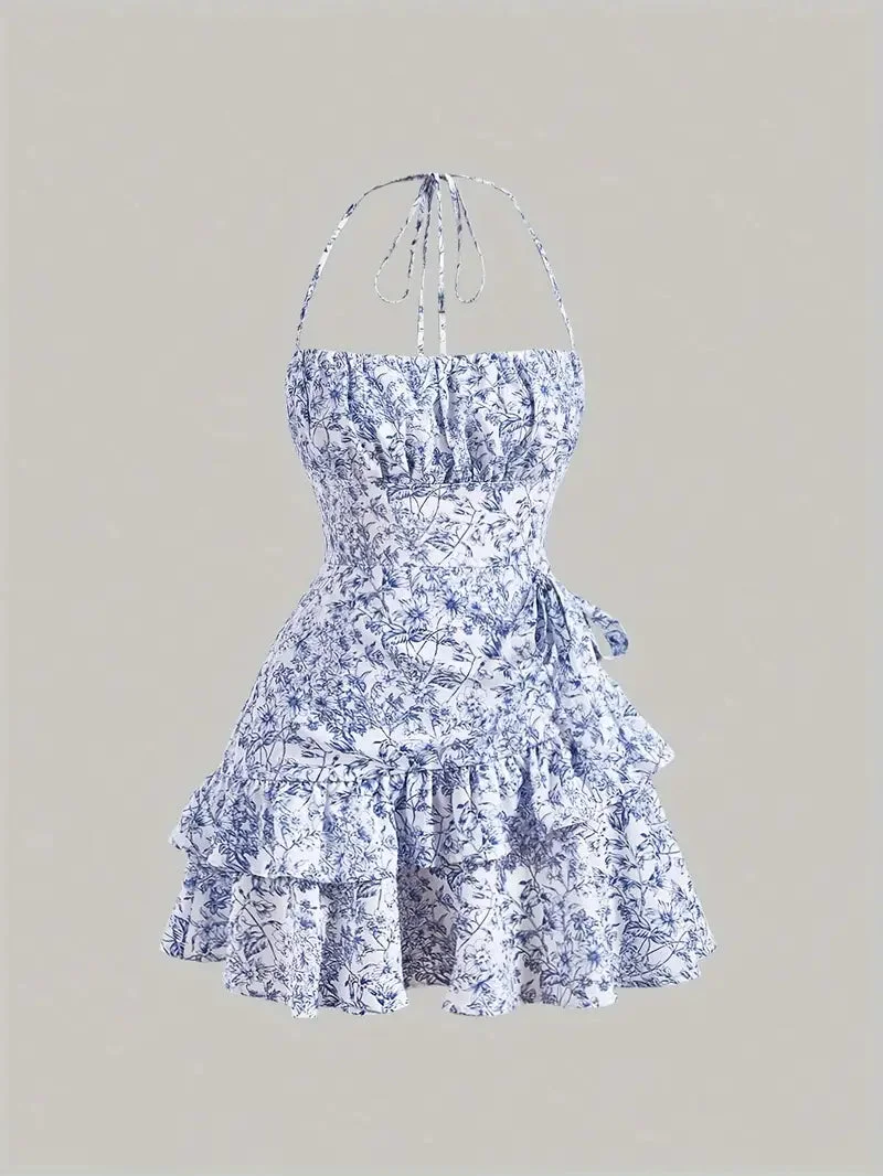 Brownm French Floral Halter Dress with Tiered Ruffle Hem