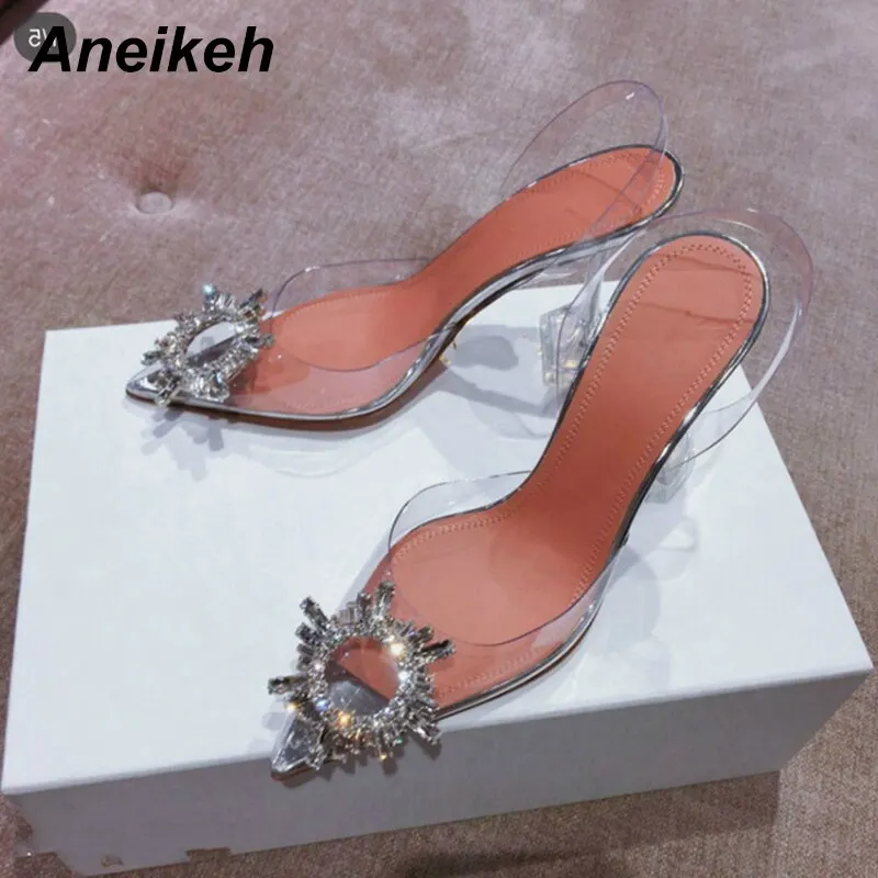Aneikeh Big Size 41 42 43 44  45 Fashion Clear PVC Sandals Women Shoes Rhinestone Sunflower High Heels Summer Back Strap Sandals