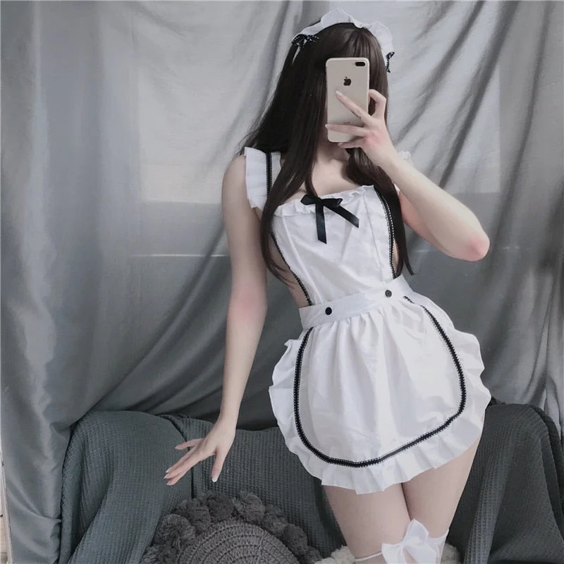 OJBK Anime Maid Cosplay Costumes White Coffee Bar Waitress Cos Outfit Hollow Out Design For Women Sexy Lingrie Uniform 2020 New