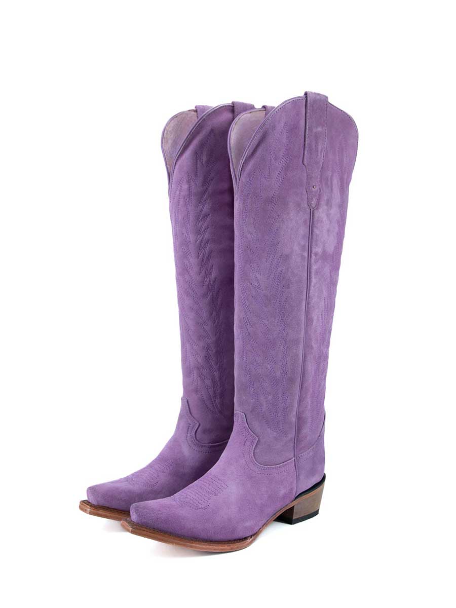 Purple Faux Suede Snip Toe Embroidered Block Heeled Knee-High Cowgirl Boots