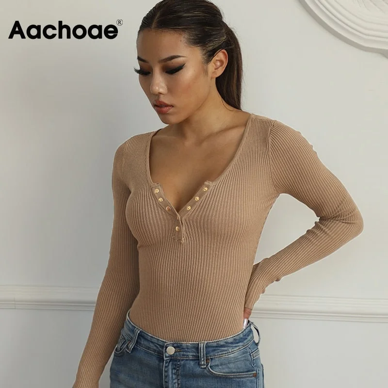 Aachoae Solid Knitted Bodycon Bodysuits Women Long Sleeve Home Jumpsuit Lady Sheath Sexy Body Suit Spring Combinaison Femme