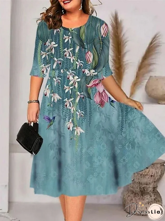 Plus Size Work Dress A Line Dress Floral Midi Dress Half Sleeve Print Crew Neck Elegant Office Blue Purple Spring Summer XL XXL 3XL 4XL 5XL for Women