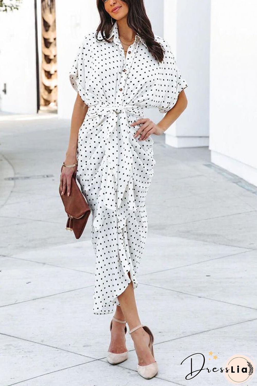 Polka Dot Tie Front Midi Shirt Dress