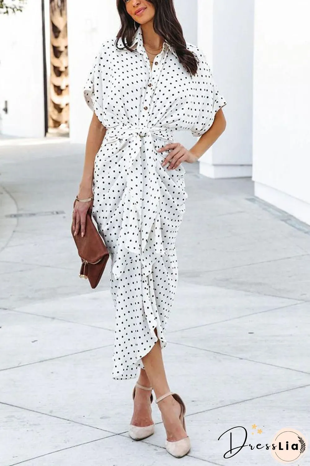 Polka Dot Tie Front Midi Shirt Dress