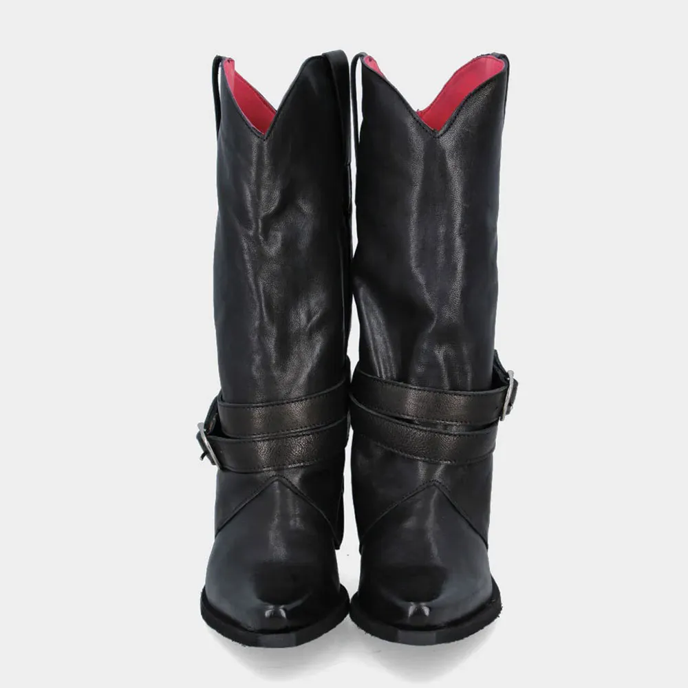 Women&lsquo;s Block Heel Black Fold Over Mid Calf Cowgirl Boots with Buckle