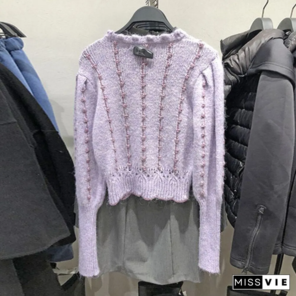 New Season Autumn Womens Knit Sweater Long Sleeve High Collar Vintage Purple Sweaters