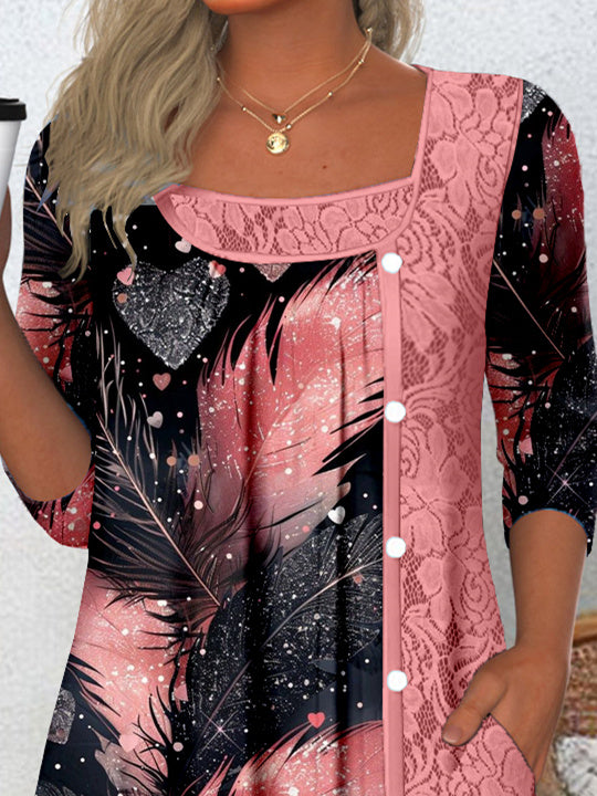 Women's Long Sleeve Scoop Neck Graphic Lace Top