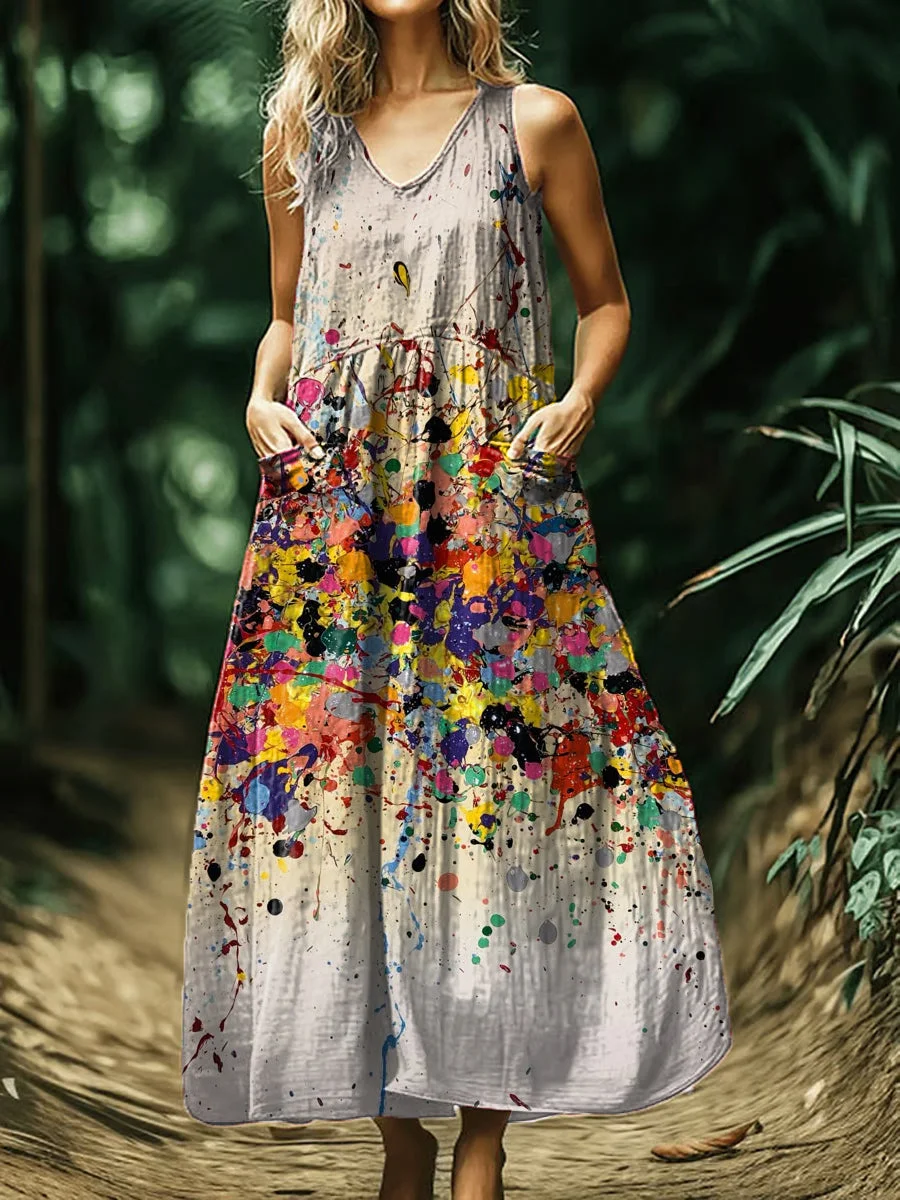 Vintage V-neck Bohemian Art Print Elegant Chic Loose Midi Dress