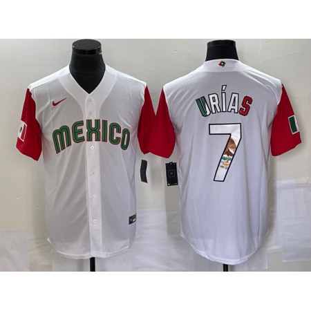 Men's Mexico Baseball #7 Julio Urias 2023 White Red World Baseball With Patch Classic Stitched Jersey MPMK