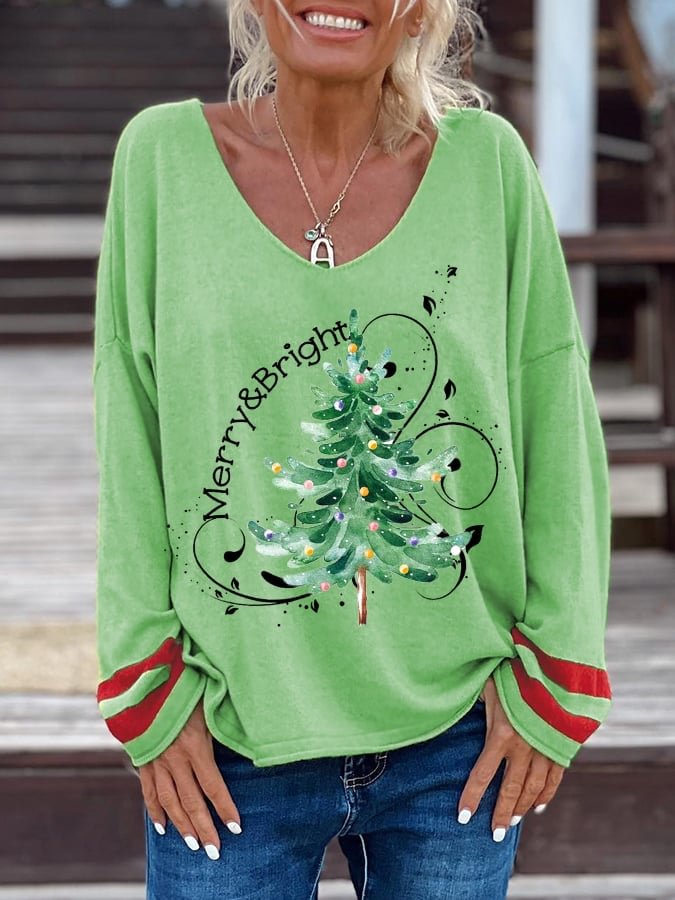 Women's Merry And Bright Christmas Tree🎄 Print Casual Long-Sleeve T-Shirt