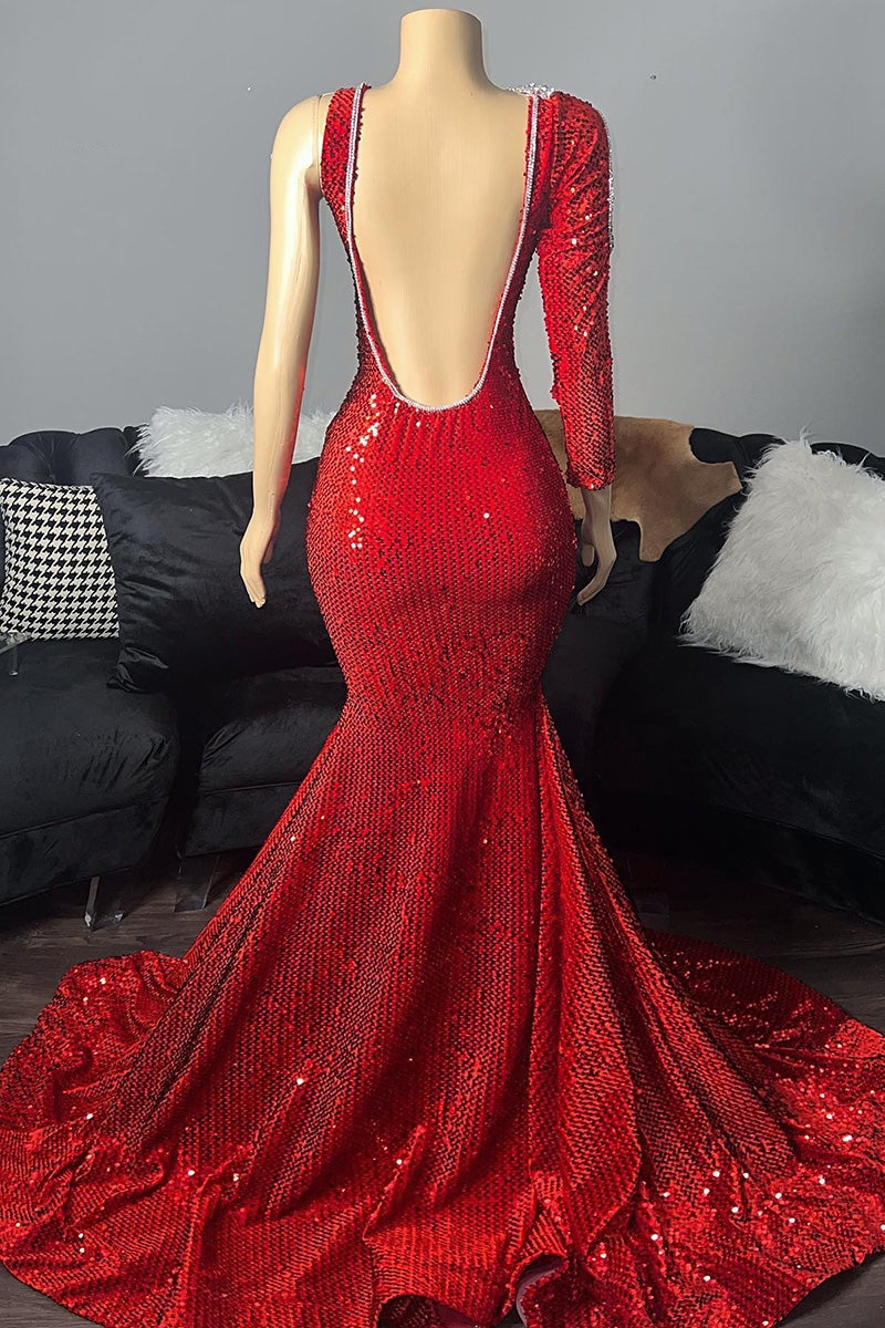 Luluslly Red Sequins Prom Dress Mermaid Long Sleeve One Shoulder With Beads