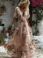 Women's Retro Pink Rose Embroidered Art Short Sleeve Midi Dress