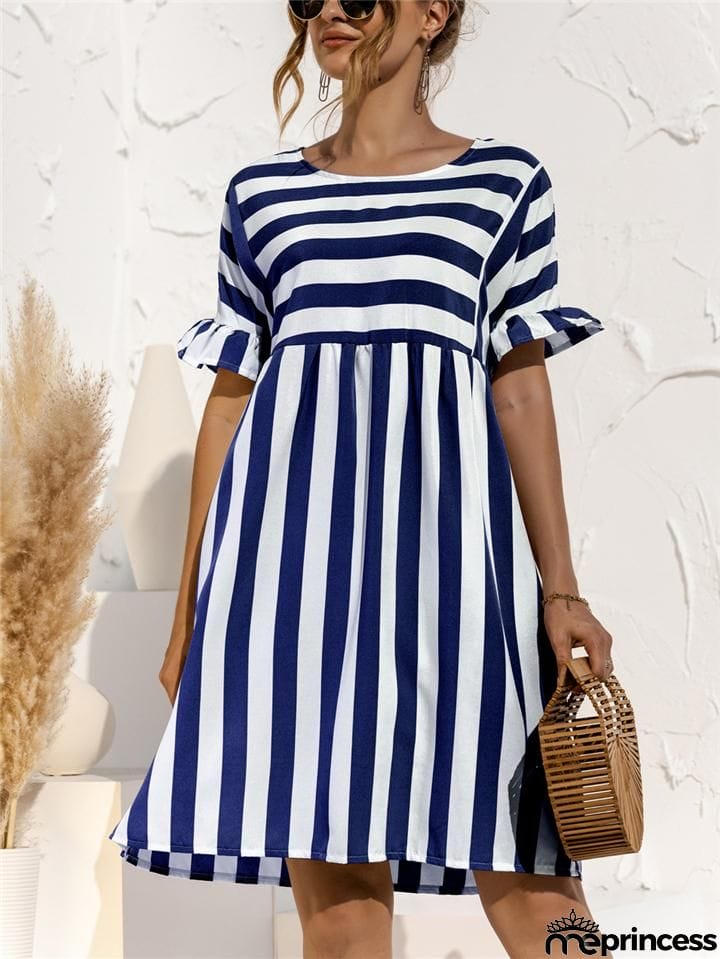 Relaxed Fit Round Neck Striped Ruffled Short Sleeve Flare Midi Dress
