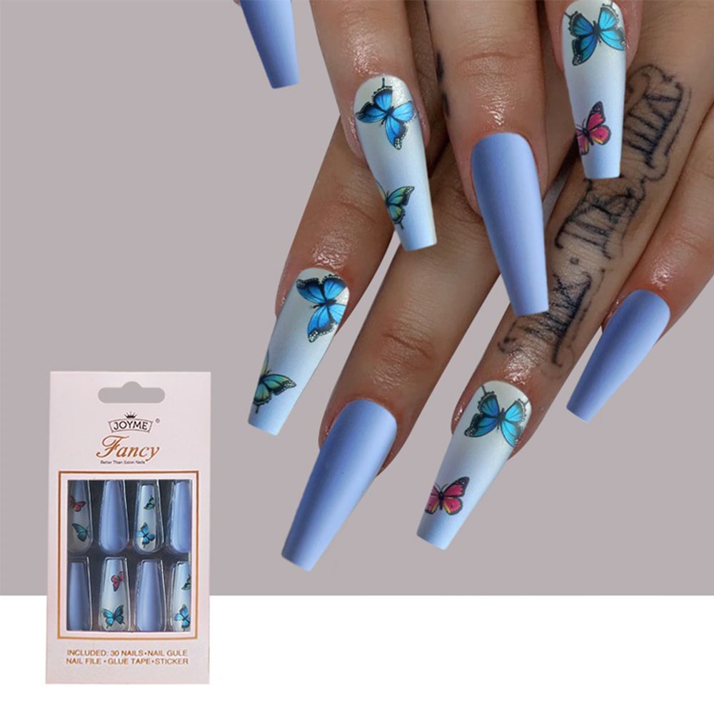 Shecustms™ 30Pcs Blue Butterfly Press on Nails Coffin Long Fake Nails