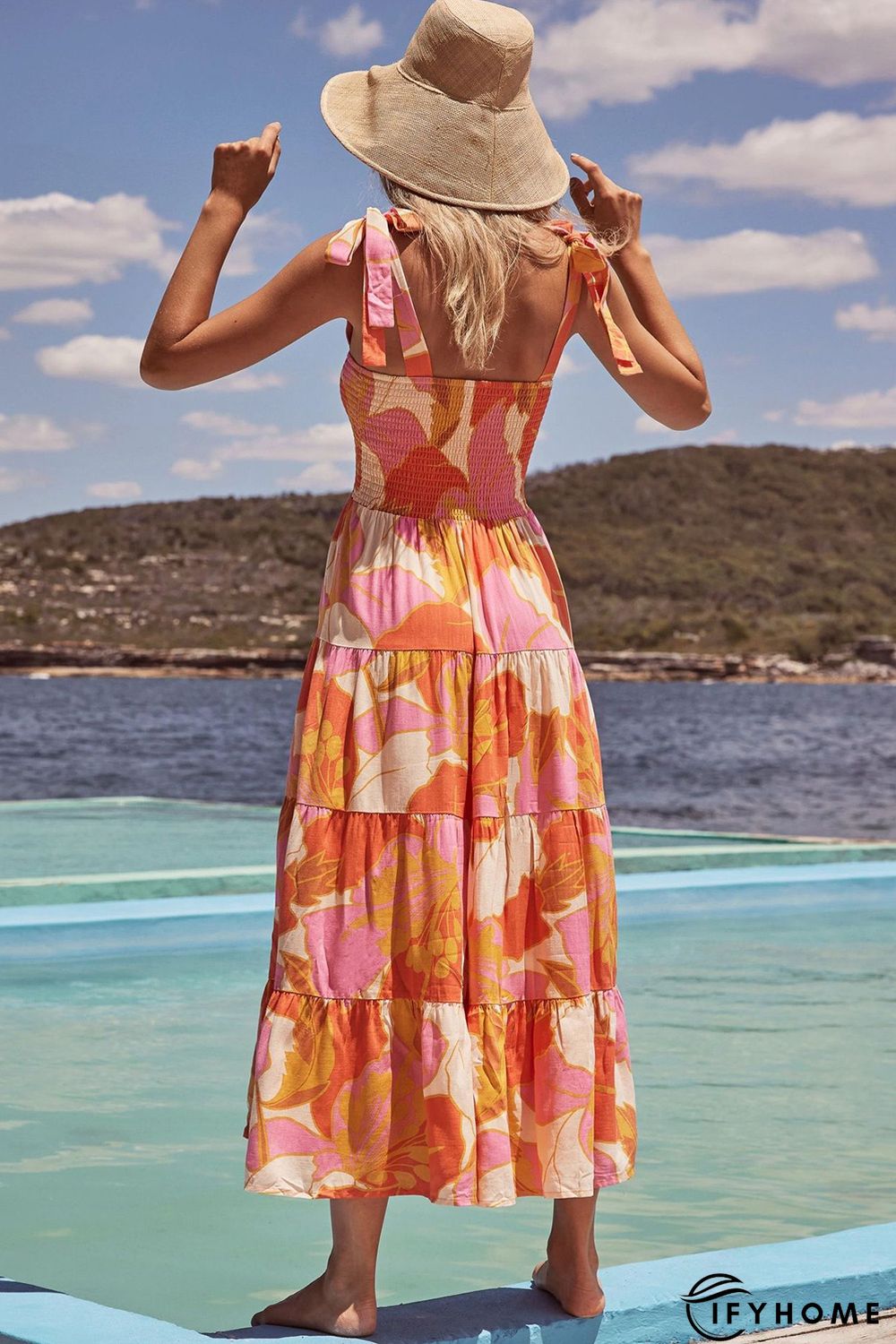 Orange Boho Print Tie Straps Smocked Maxi Dress | IFYHOME