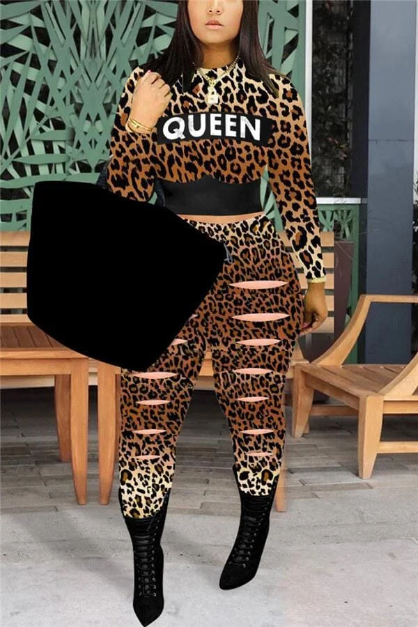 Sexy Leopard Letter Print Hollowed Two Pieces
