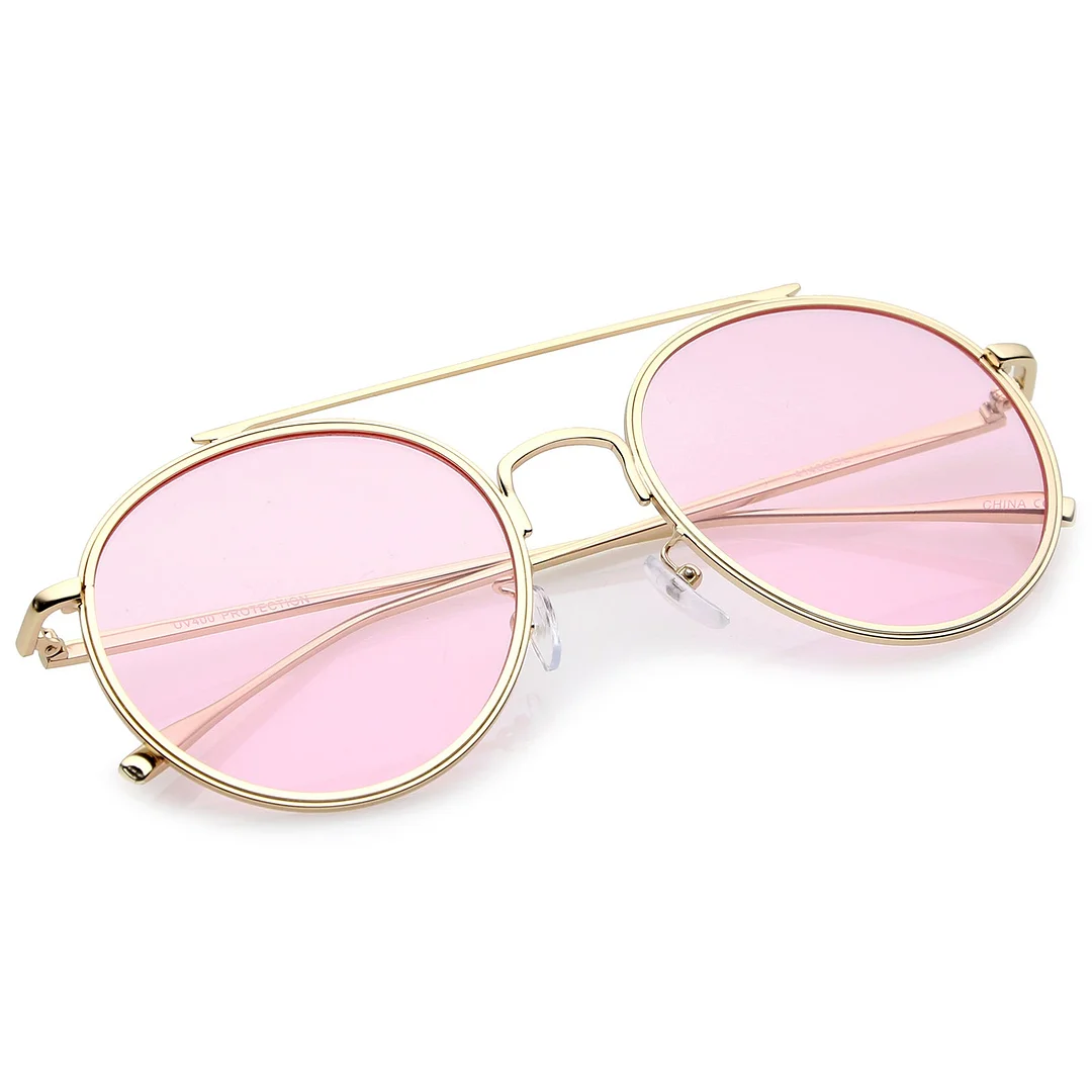 Modern Metal Crossbar Slim Temple Colored Flat Lens Round Aviator glasses 54mm