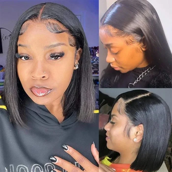 Short Straight Lace Frontal Bob Wig With Baby Hairs Along The Hairline 100% Human Hair Without Bangs