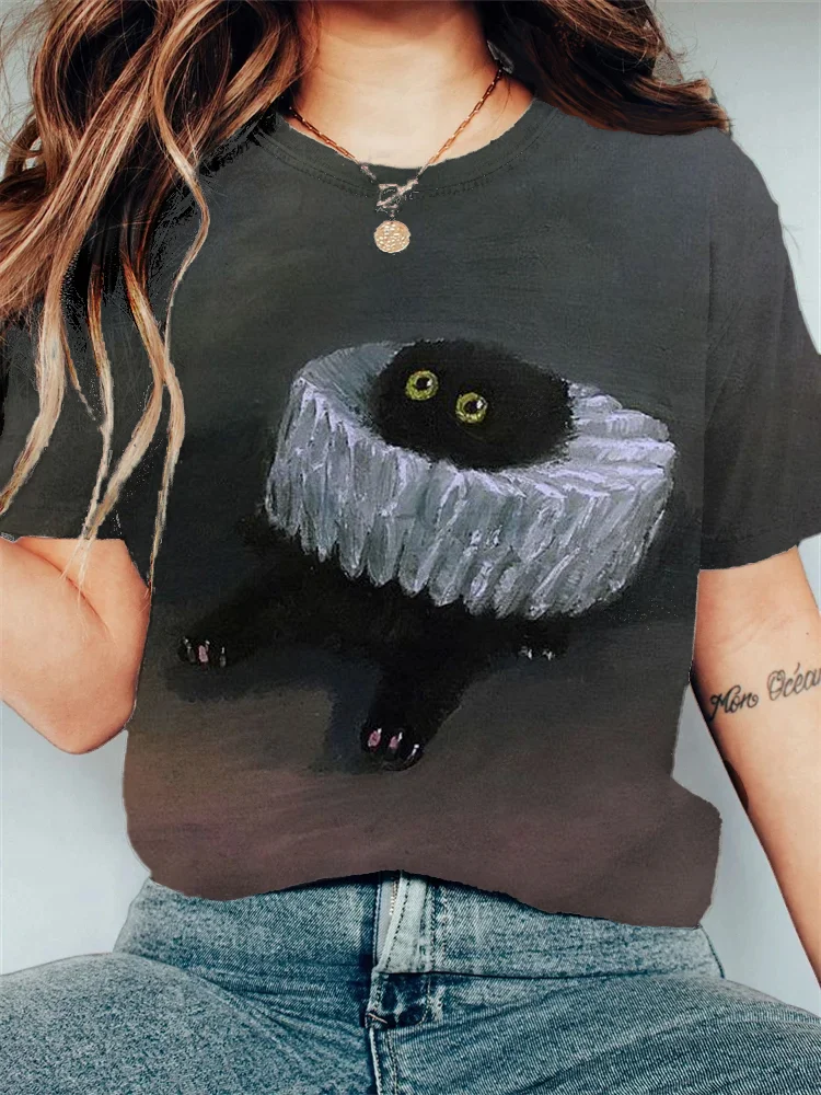Women's Cute Black In Ruff Oil Painting Graphic Print Casual T-Shirt