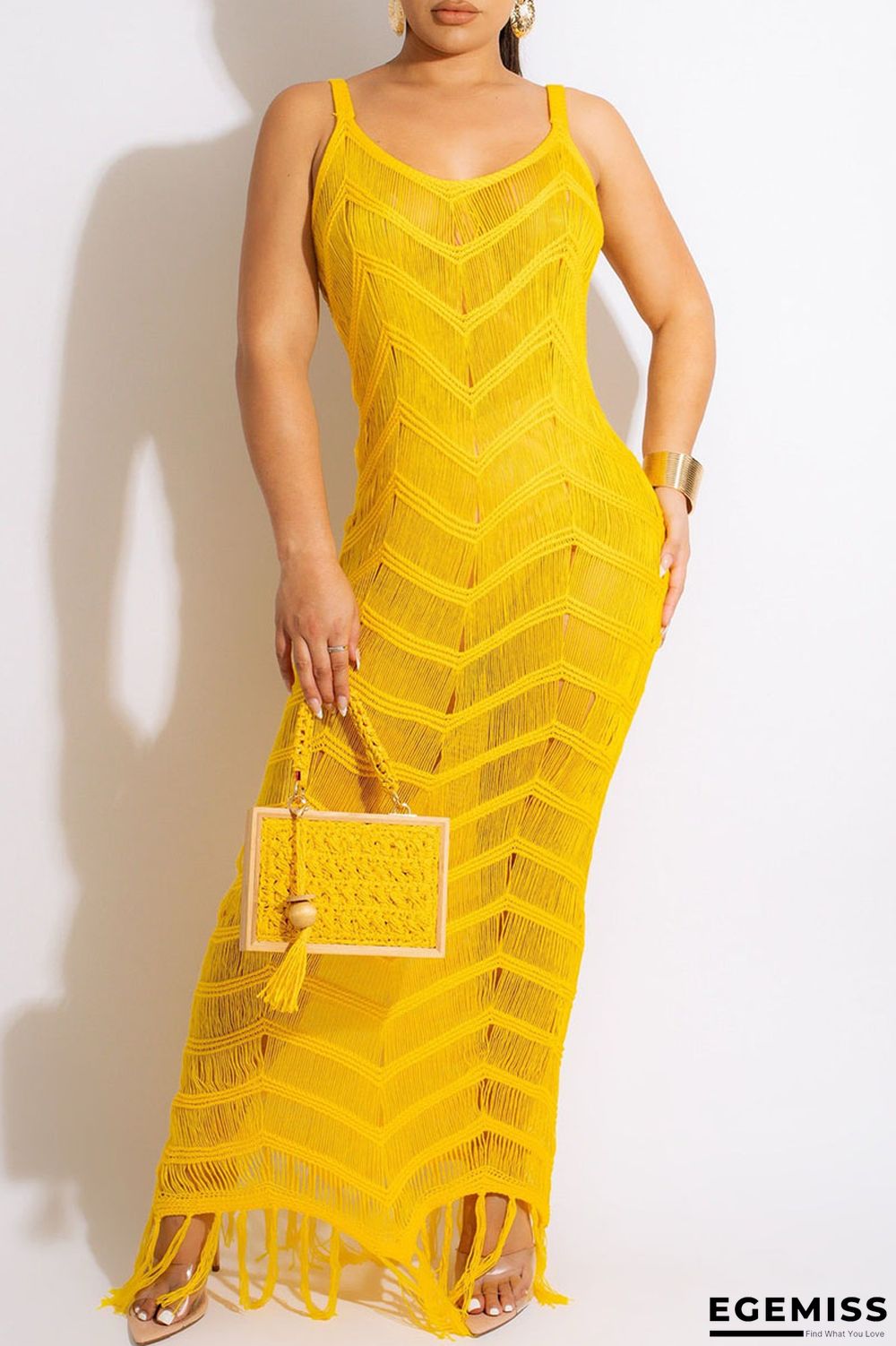 Yellow Sexy Solid Tassel Hollowed Out Patchwork Swimwears Cover Up | EGEMISS