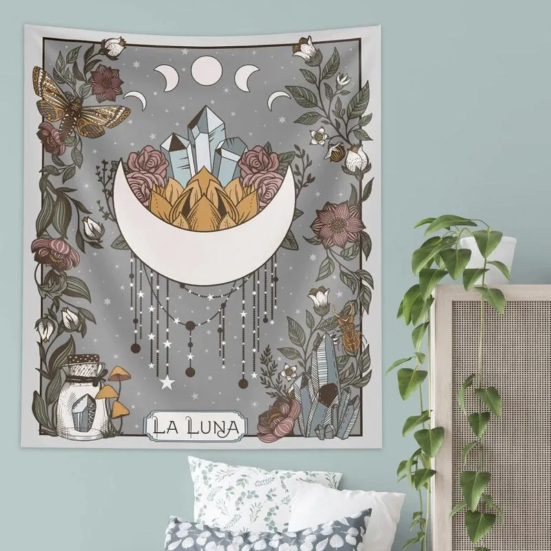 La Luna Tapestry Wall Hanging Moon Phase Tarot Card psychedelic scene home decoration Witchy Nature Hanging Wall Art sheets