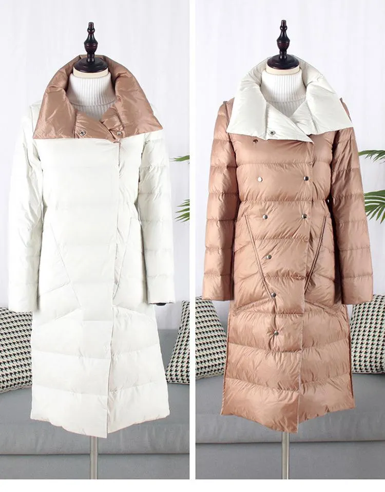 FTLZZ Duck Down Jacket Women Winter Long Double Sided Plaid Coat Female Plus Size Warm Down Parka Slim Outwear