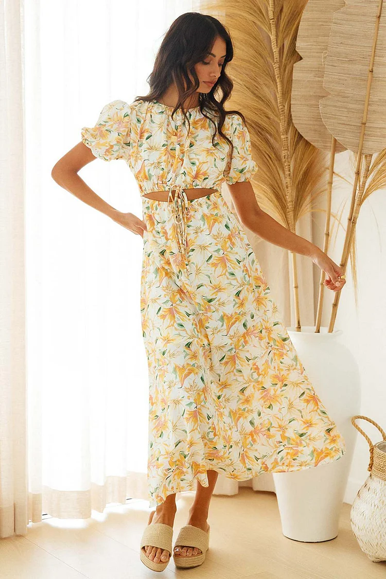 Floral Print Puff Sleeve Cutout Round Neck Midi Dresses