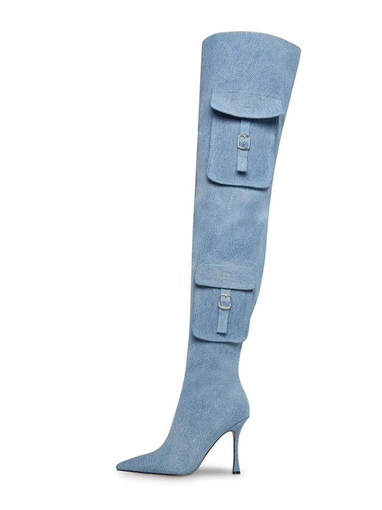 Denim Pocket Zip Pointed Toe Flared High Heel Over The Knee Thigh High Boots