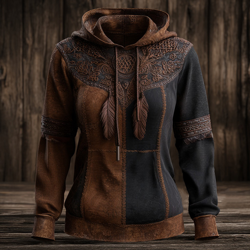 Women's Retro Tribal Feather And Tree Of Life Pattern Casual Hoodie elevenforest