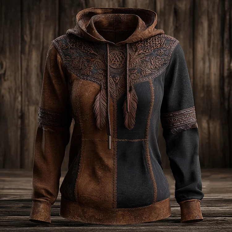 Women's Retro Tribal Feather And Tree Of Life Pattern Casual Hoodie