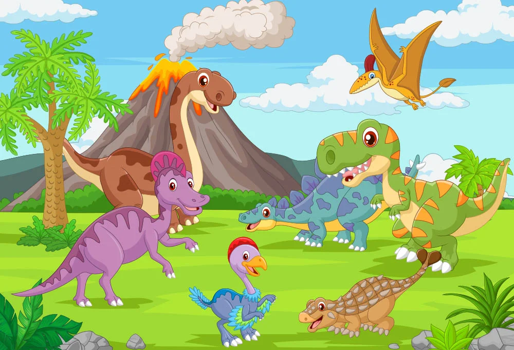 Cartoon Green Grass Volcano And Dinosaur Family Happy Birtday Party Backdrop RedBirdParty