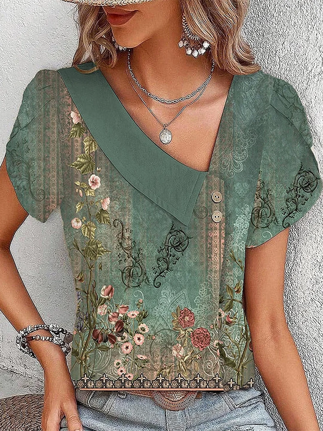 Women's L Neck Short Sleeves Floral Printed Casual Tops