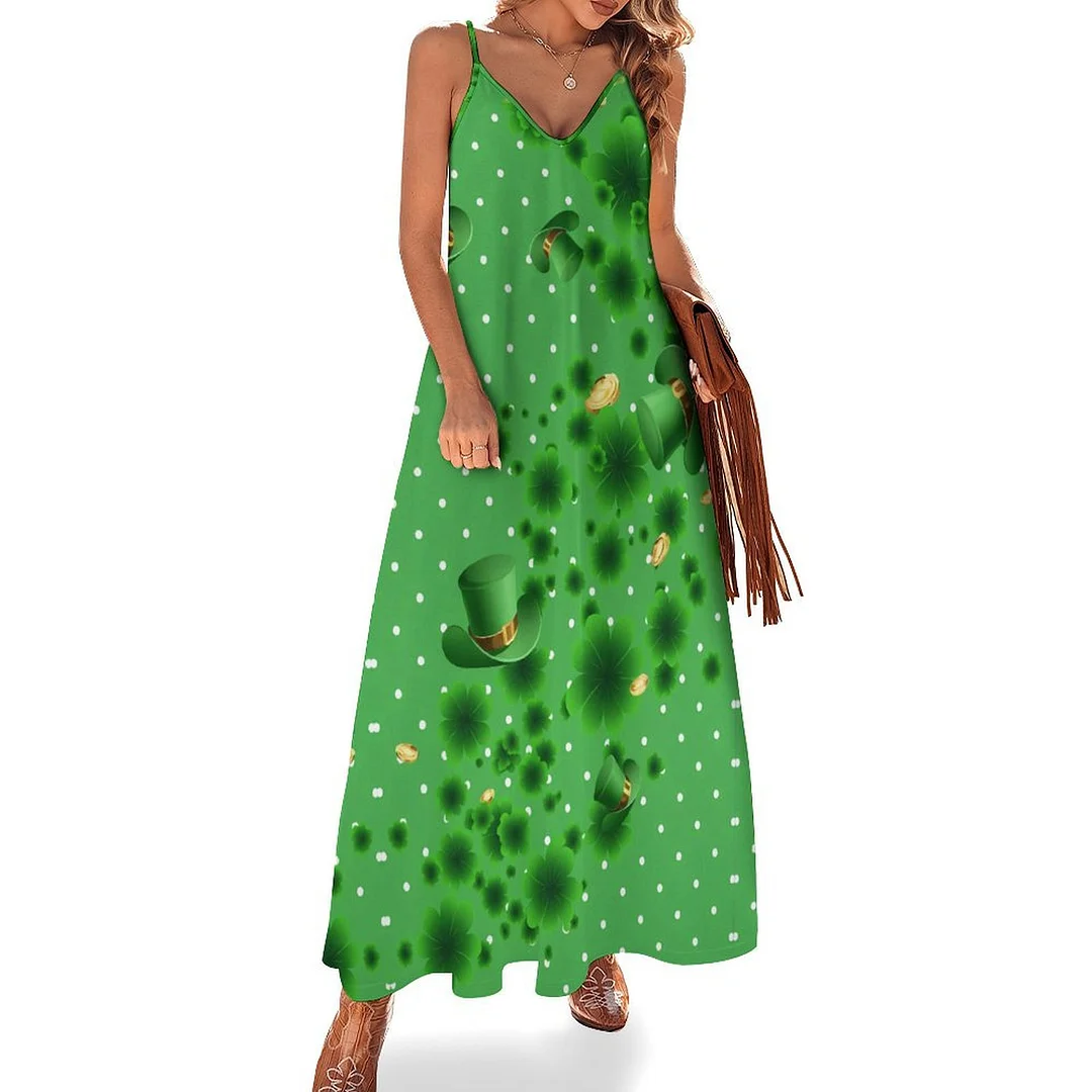 Style & Comfort for Mature Women Plus Size Printed Sling Casual Women Maxi Dress in Pattern St. Patrick's Day, Green, Clover, Lucky