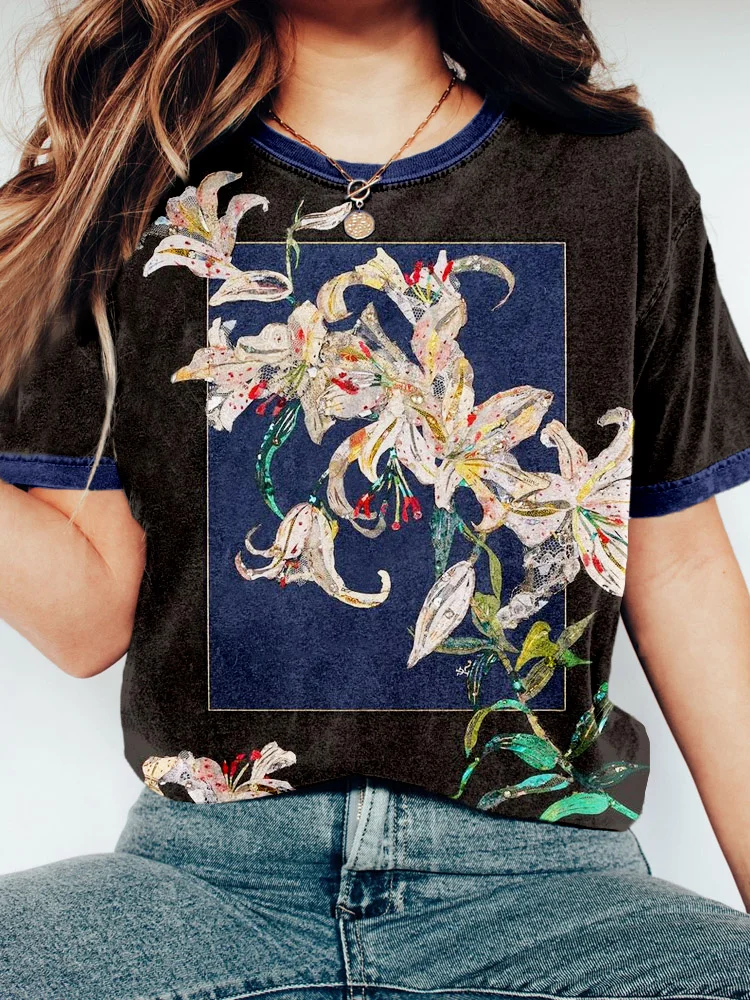 Comstylish Beautiful Lilies Pattern Vintage Washed T Shirt