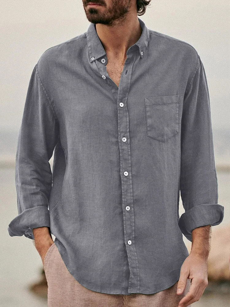 Solid Color Casual Lapel Cotton Linen Loose Shirt e6e1