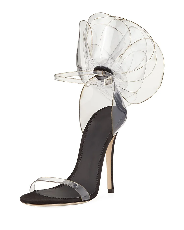 Black Ankle Strap Heels Satin transparent PVC Fashion Stiletto Heel Sandals |FSJ Shoes