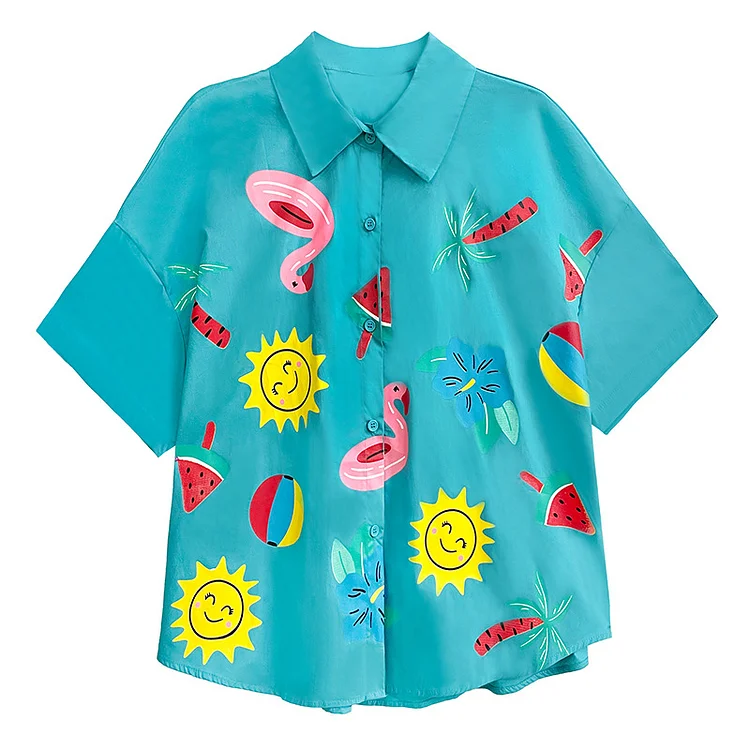 Vacation Style Colorful Printed Short Sleeve Shirt - yankia